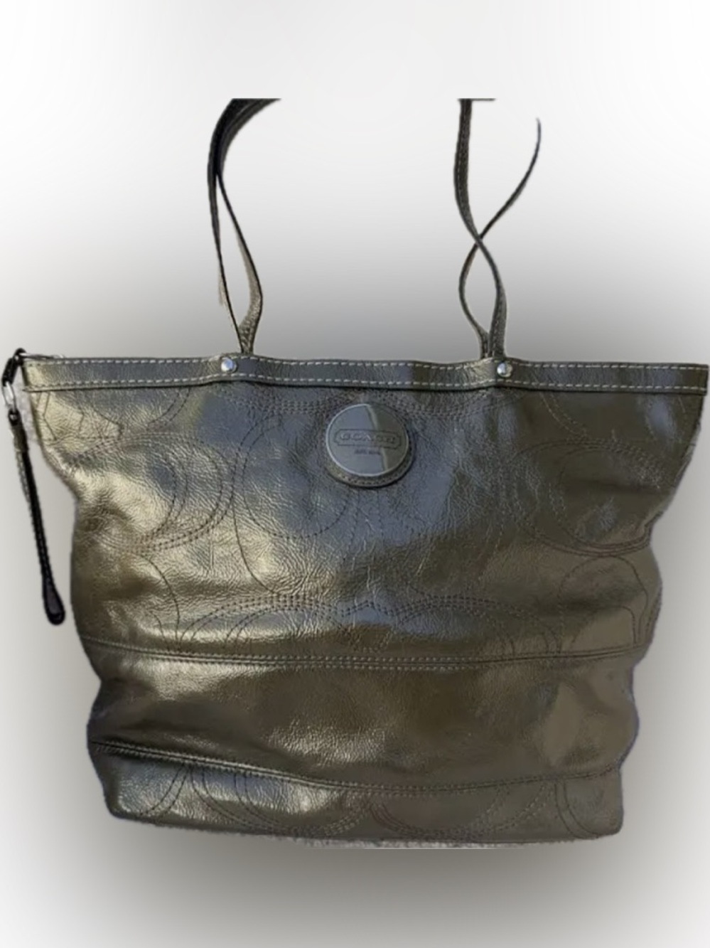COACH Parker Metallic Leather Tote Olive Bronze Silver Hardware Blue Satin Bag